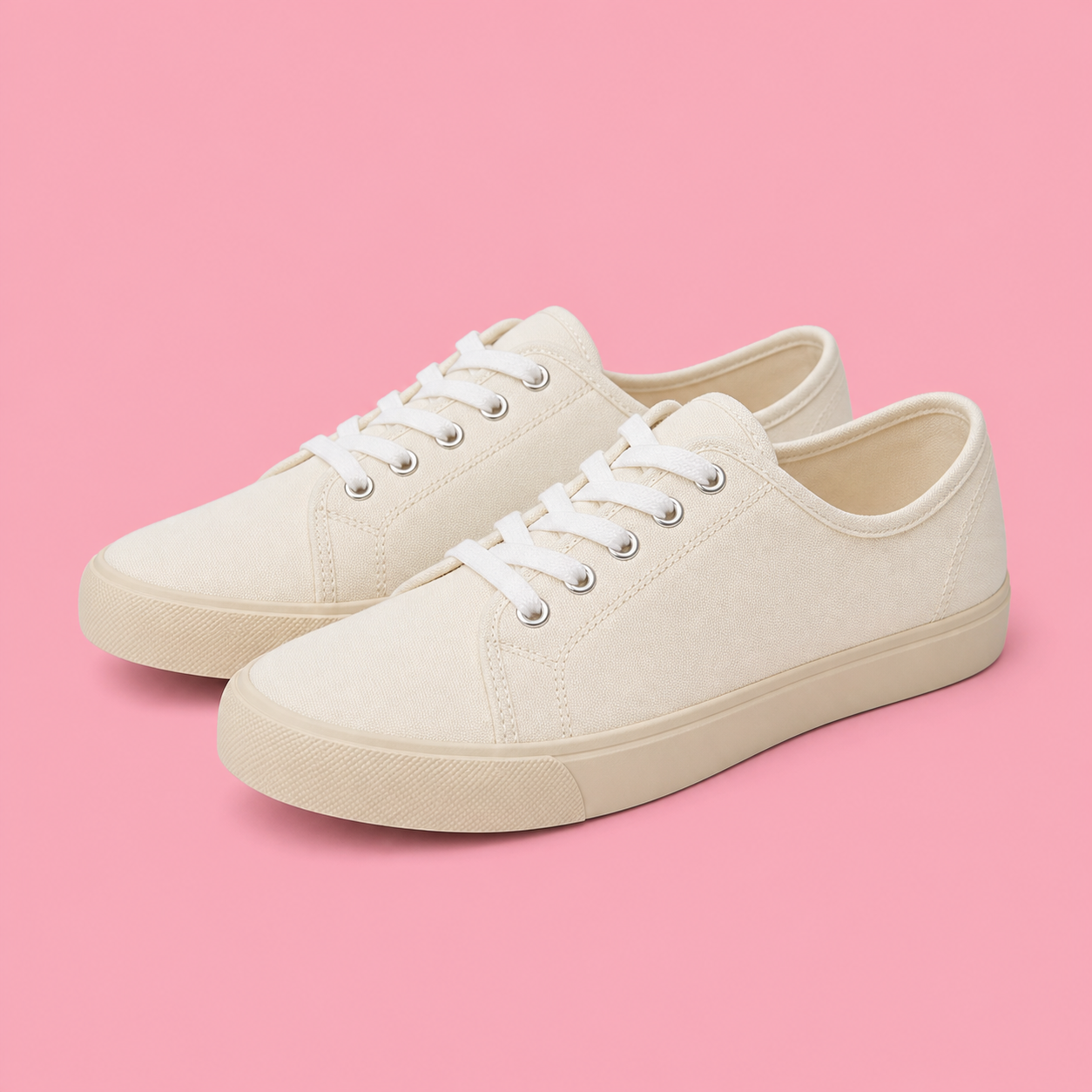 Cream sneakers photographed on a pink backdrop