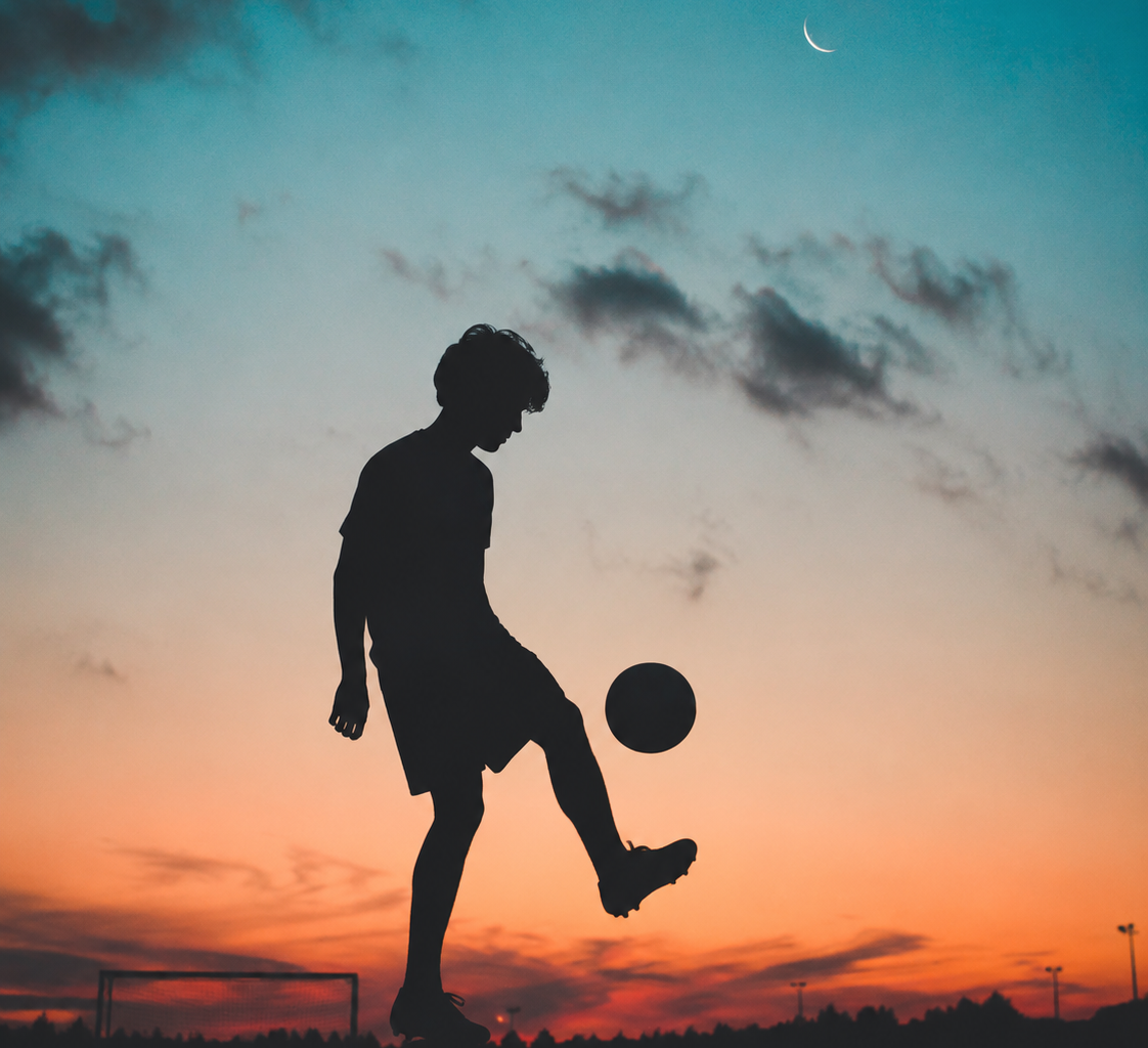 Person silhouetted against a colorful sunset sky while juggling a soccer ball