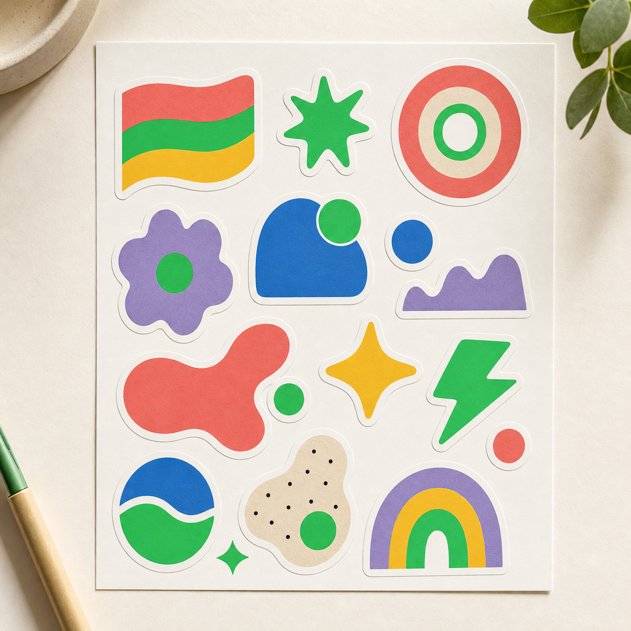 Sticker sheet with colorful geometric shapes on a light background