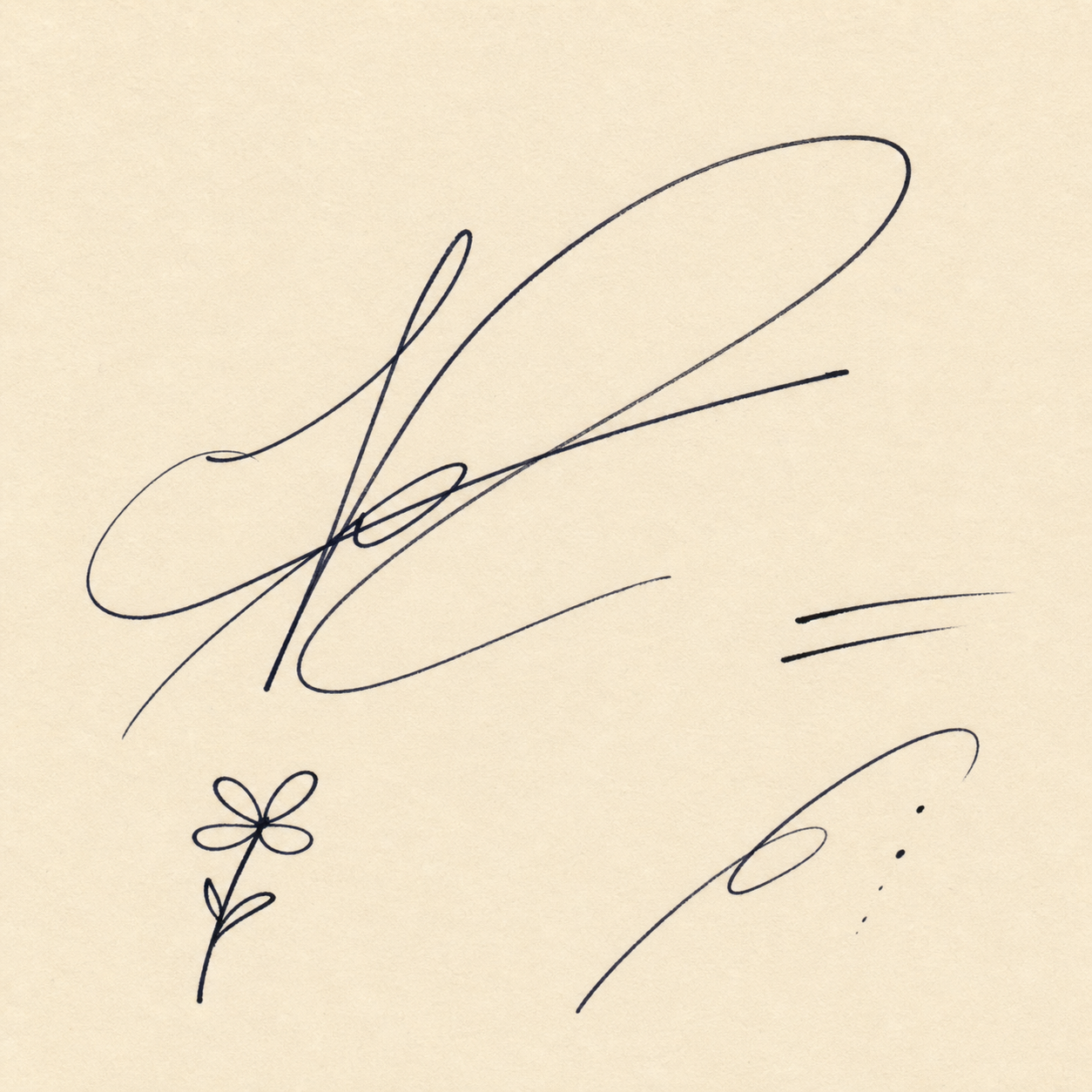 Ink signature and doodles on warm paper
